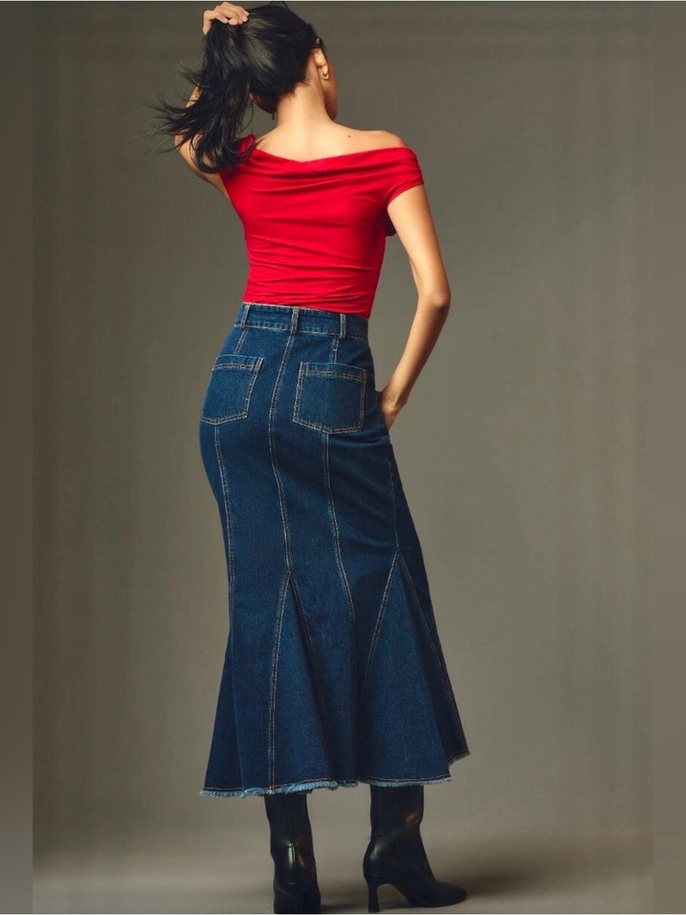 Pilcro x Anthropologie Fluted Denim Maxi Skirt Dark Wash 0 Stretch Seamed Jean - Picture 2 of 16